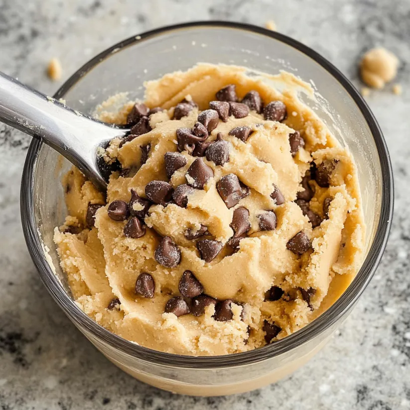 A glass bowl filled with chocolate chip cookie dough.