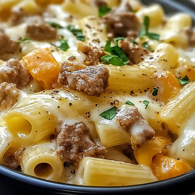 A bowl of pasta with meat and cheese.