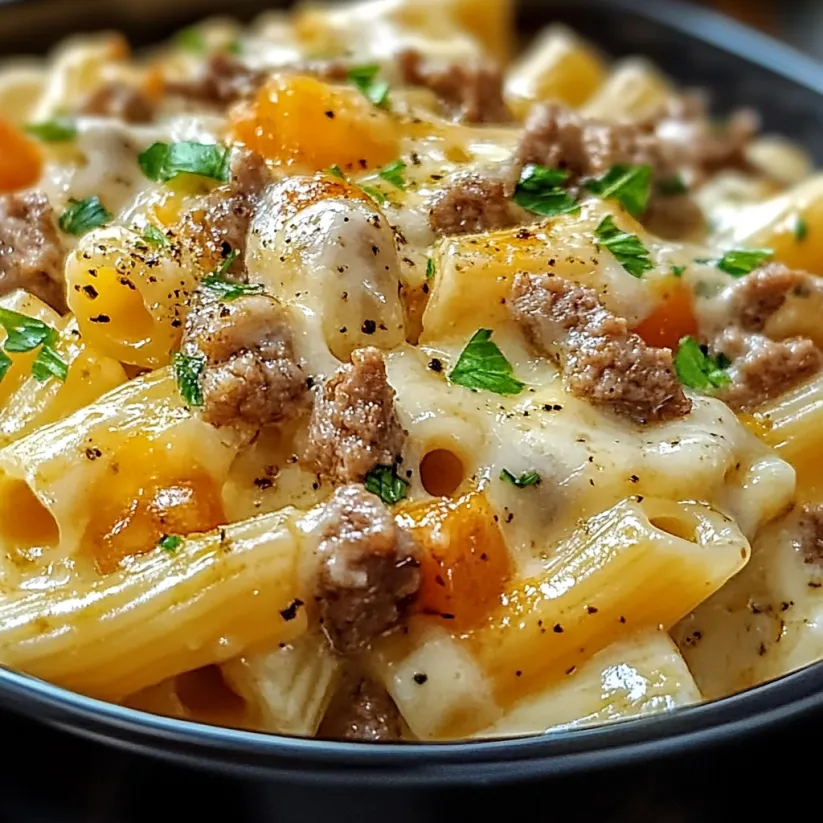 A bowl of pasta with meat and cheese.