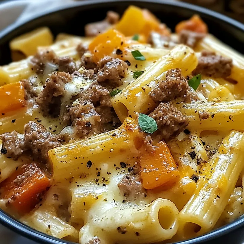 A bowl of pasta with meat and cheese.