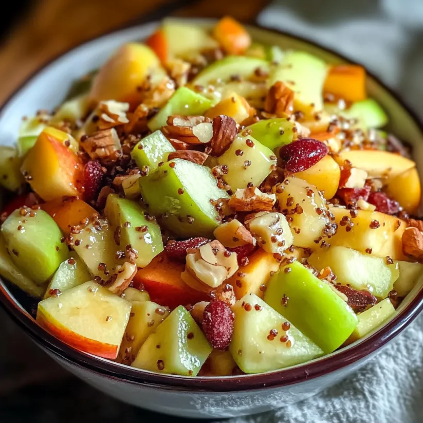 A bowl of fruit salad with apples, nuts, and raisins.