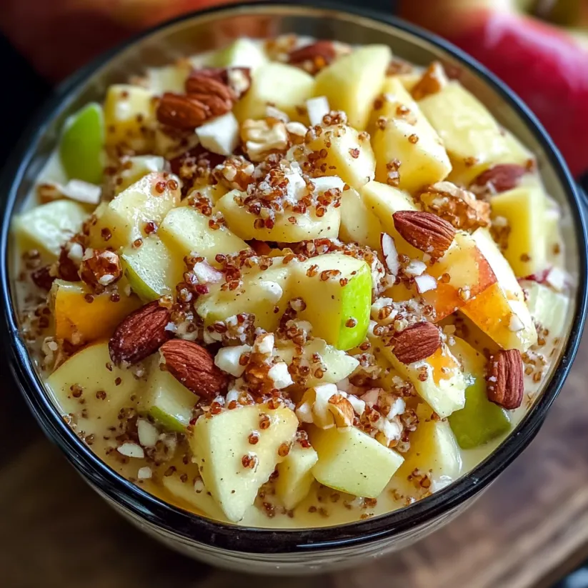 A bowl of fruit salad with apples and nuts.