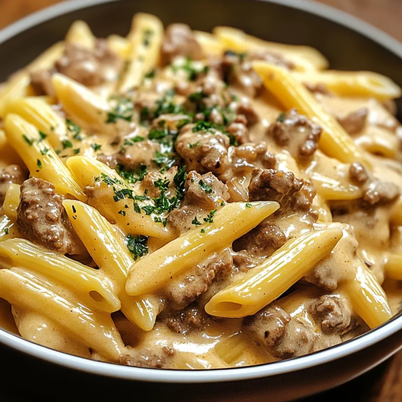 A bowl of creamy velveeta beef stroganoff and penne pasta.
