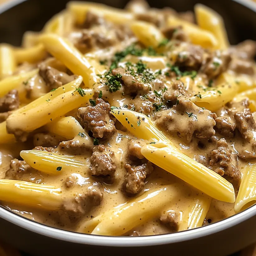 A bowl of creamy velveeta beef stroganoff and penne pasta.