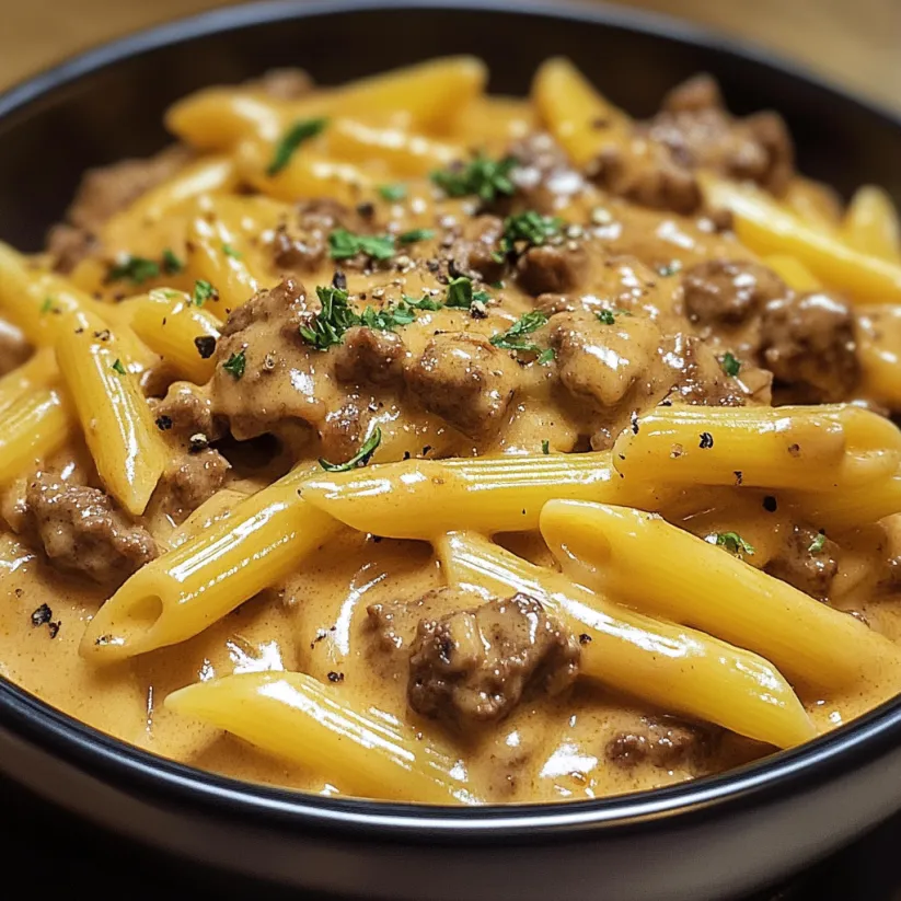 A bowl of creamy velveeta beef stroganoff and penne pasta.