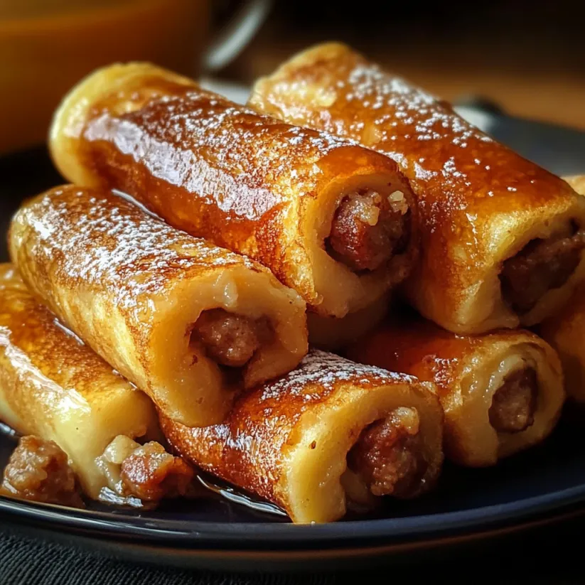 Sausage French toast roll ups on a plate.
