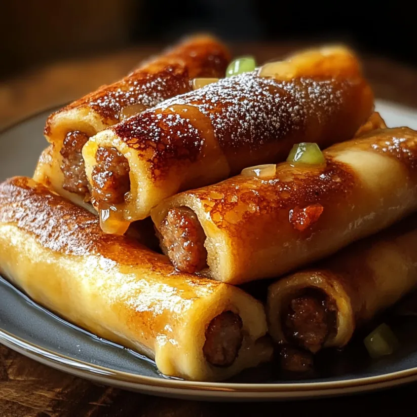Sausage French Toast Roll-Ups stacked on a plate.