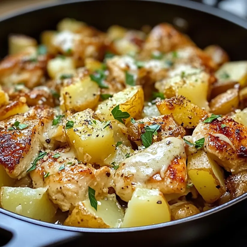 A skillet with chicken and potatoes.