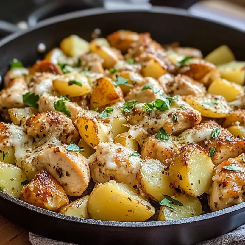 A skillet full of garlic parmesan chicken and potatoes.