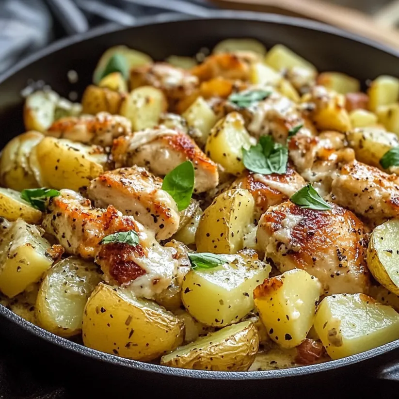 A skillet with chicken, potatoes, and garlic parmesan.