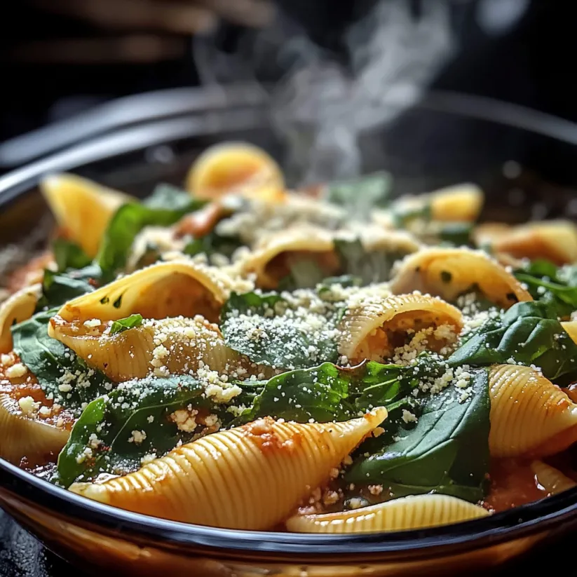 A bowl of pasta with spinach and ricotta cheese.