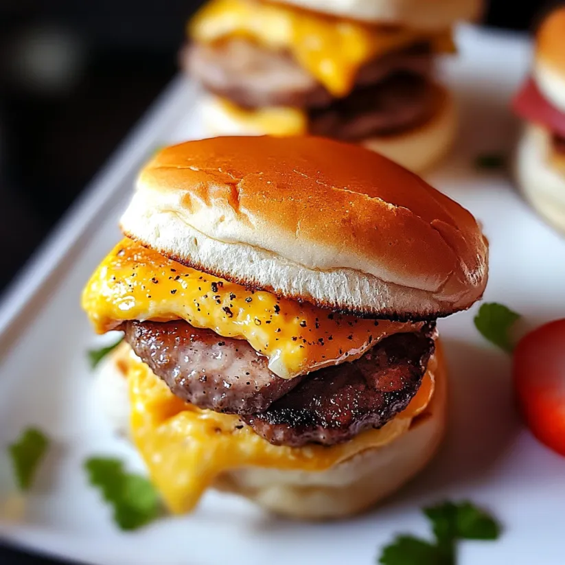 A plate of breakfast sliders with cheese and tomato.
