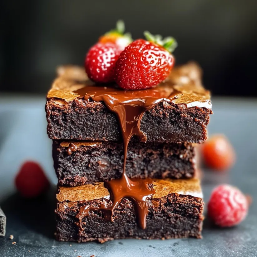 A close up of a delicious chocolate brownie with strawberries on top.
