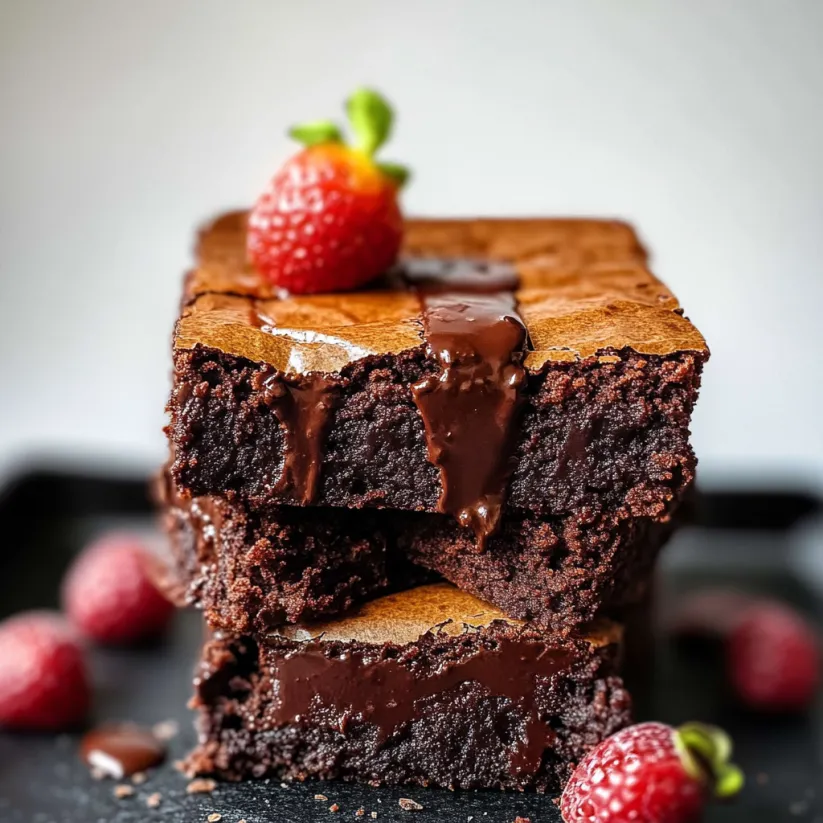 A close up of a chocolate brownie with a strawberry on top.