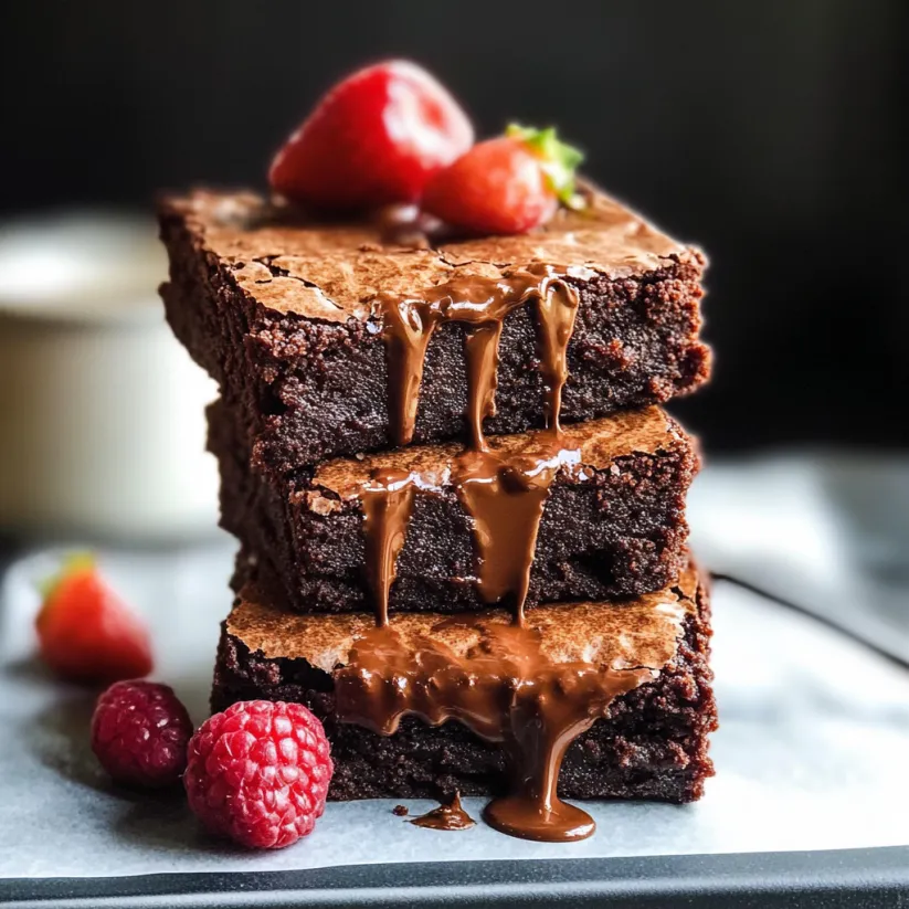 A stack of three brownies with chocolate drizzle.