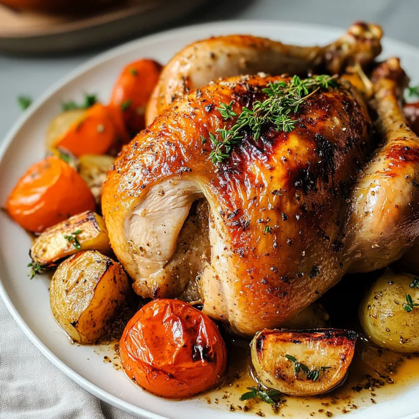 A plate of slow roasted chicken with vegetables.