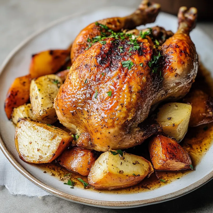 A plate of food with a chicken and potatoes.