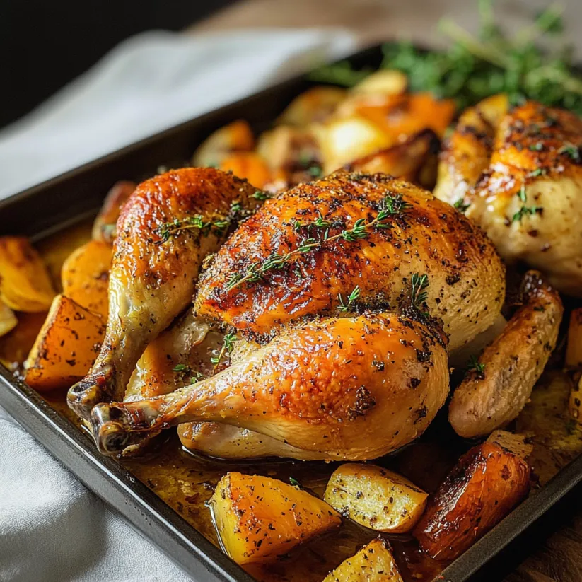 A pan of slow roasted chicken with herbs and vegetables.