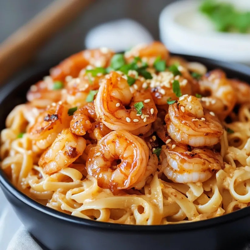A bowl of shrimp and noodles.