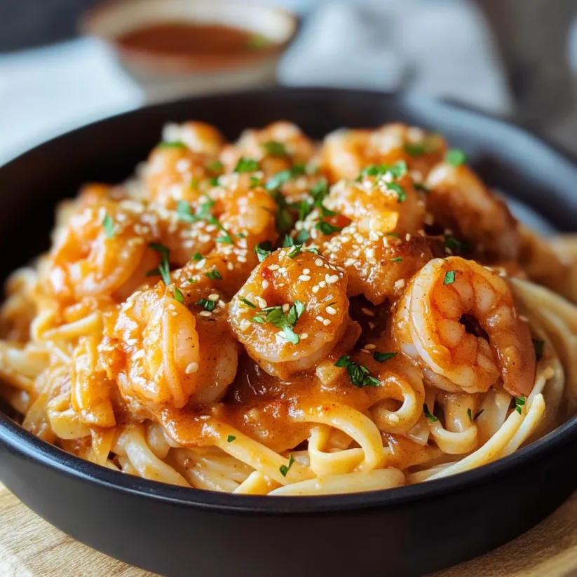 A bowl of shrimp and pasta.