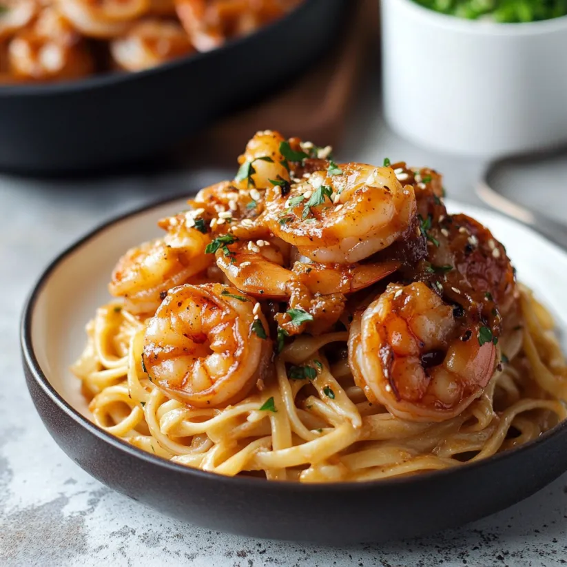 A plate of shrimp and pasta.