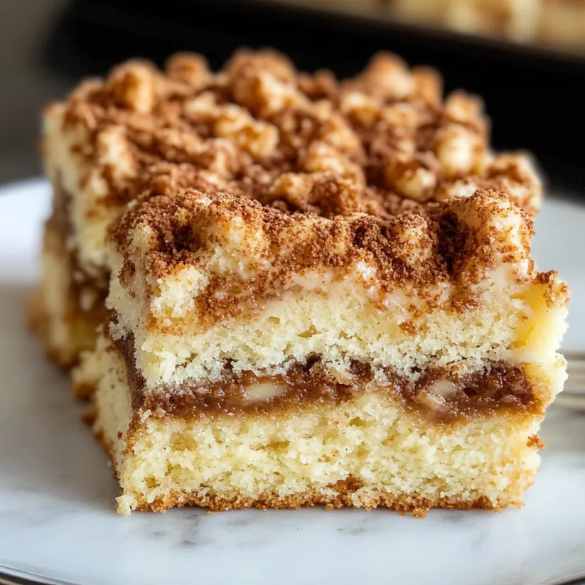 A slice of coffee cake with chocolate frosting.