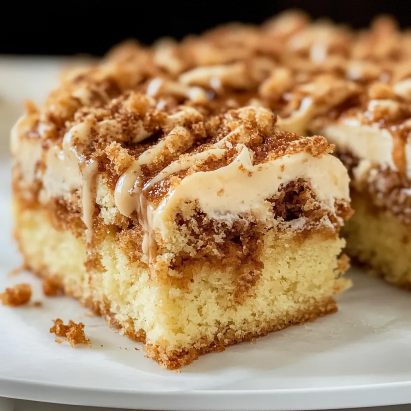 A slice of coffee cake with caramel drizzle.