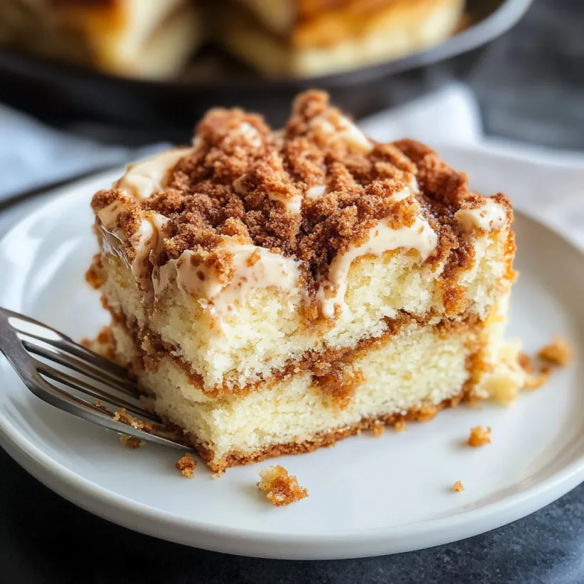 A slice of coffee cake with a fork on a plate.