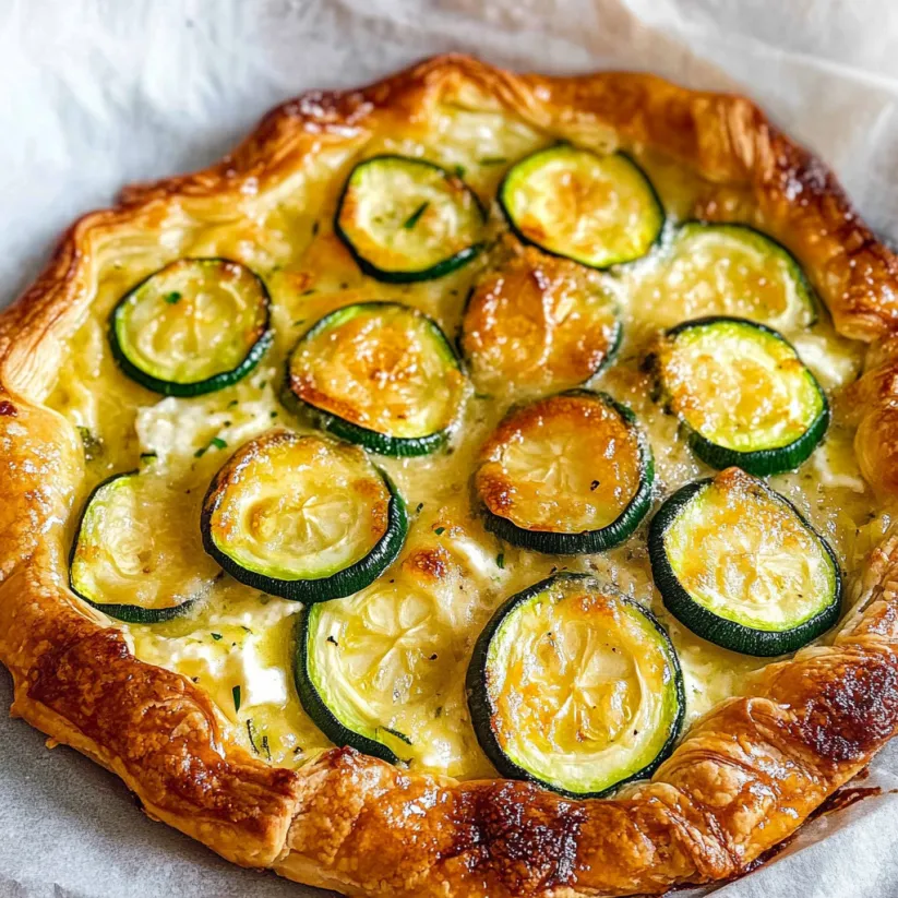 A zucchini ricotta galette with a golden brown crust.