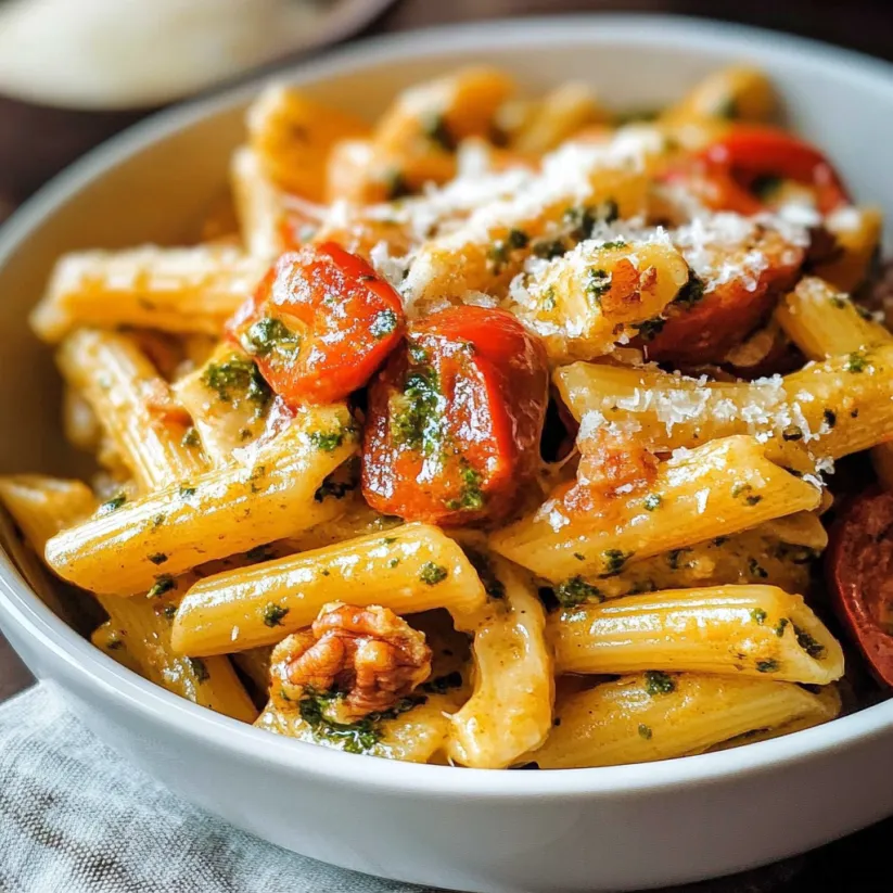 A bowl of pasta with tomatoes and pecans.