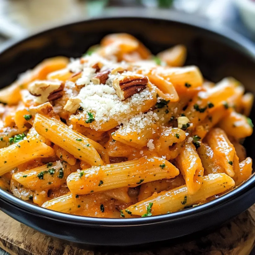 A bowl of pasta with a sauce and topped with pecans.