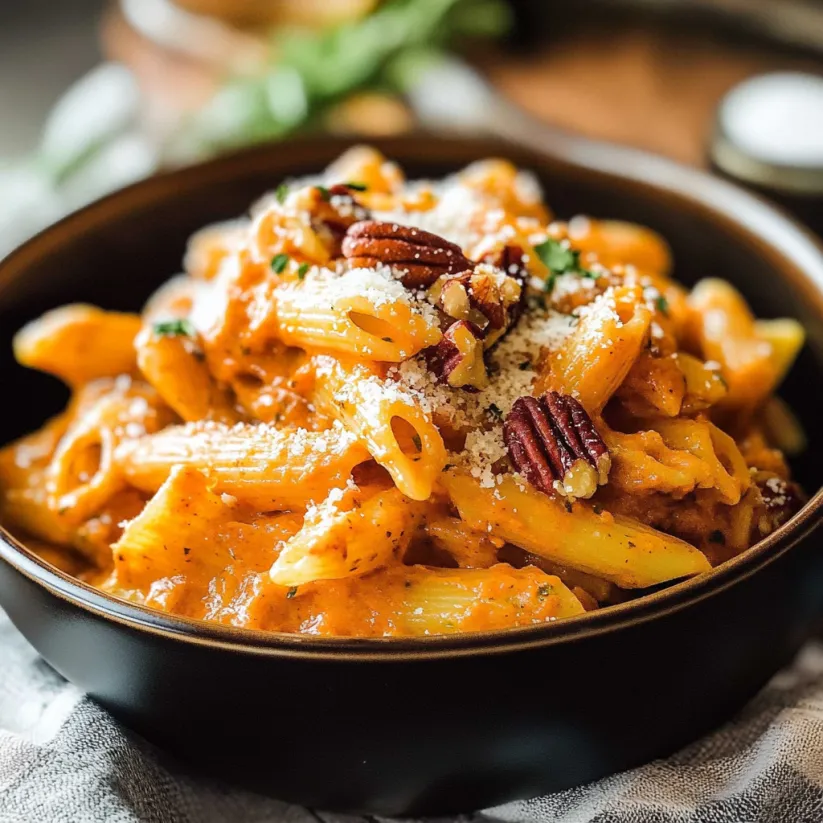 A bowl of pasta with a red sauce and pecans.