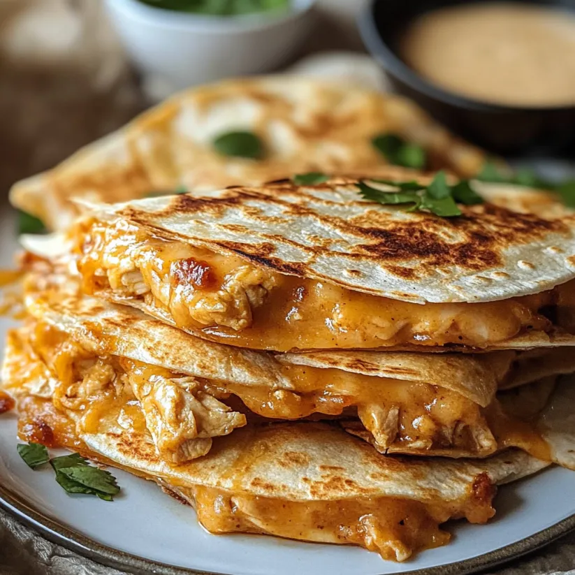 A stack of quesadillas with cheese and chicken.