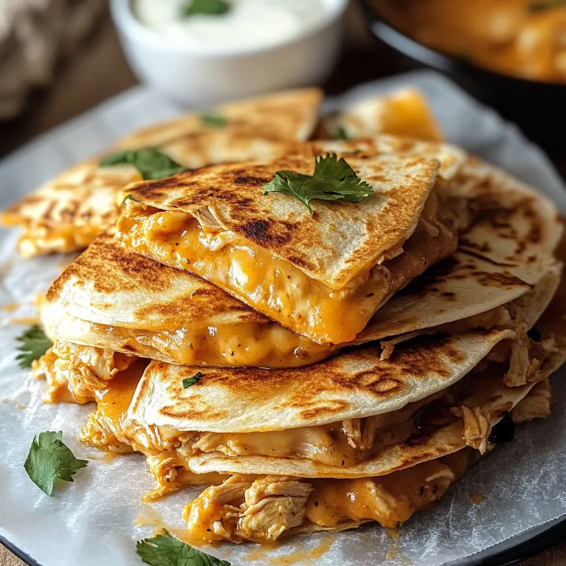 A stack of quesadillas with cheese and chicken.