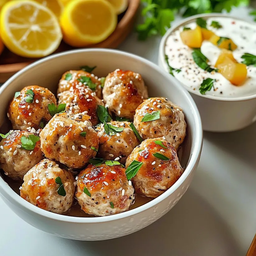 A bowl of chicken meatballs with a side of sauce.
