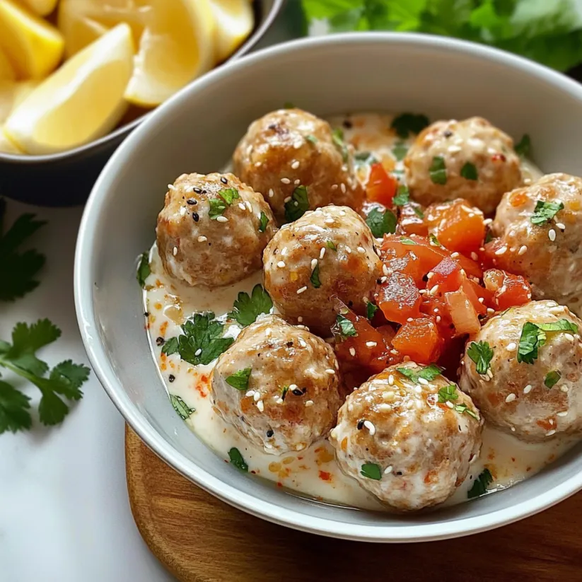 A bowl of chicken meatballs with tomato sauce.