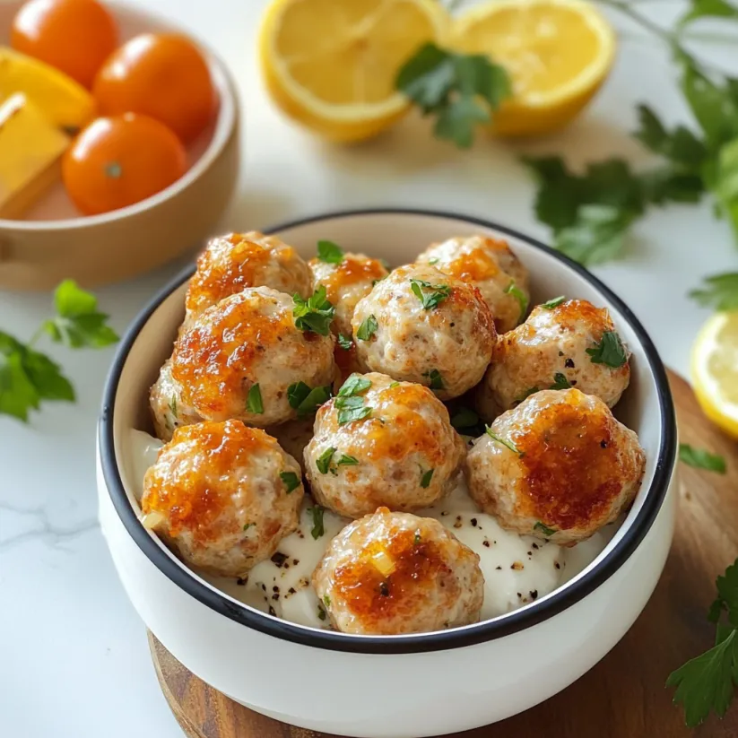 A bowl of chicken meatballs with a side of lemon wedges.