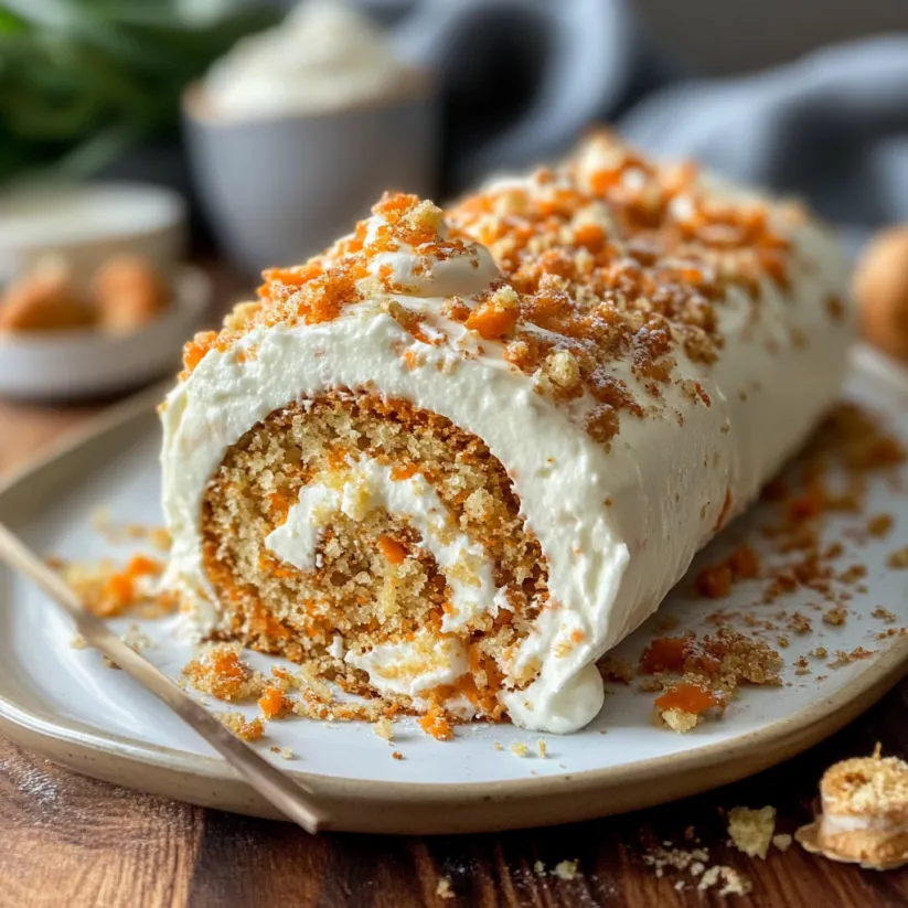 A carrot cake roll with white frosting.