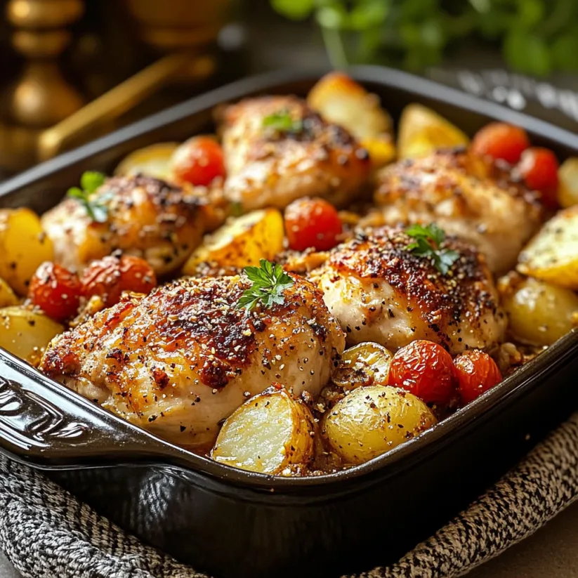 A dish of chicken and potatoes.