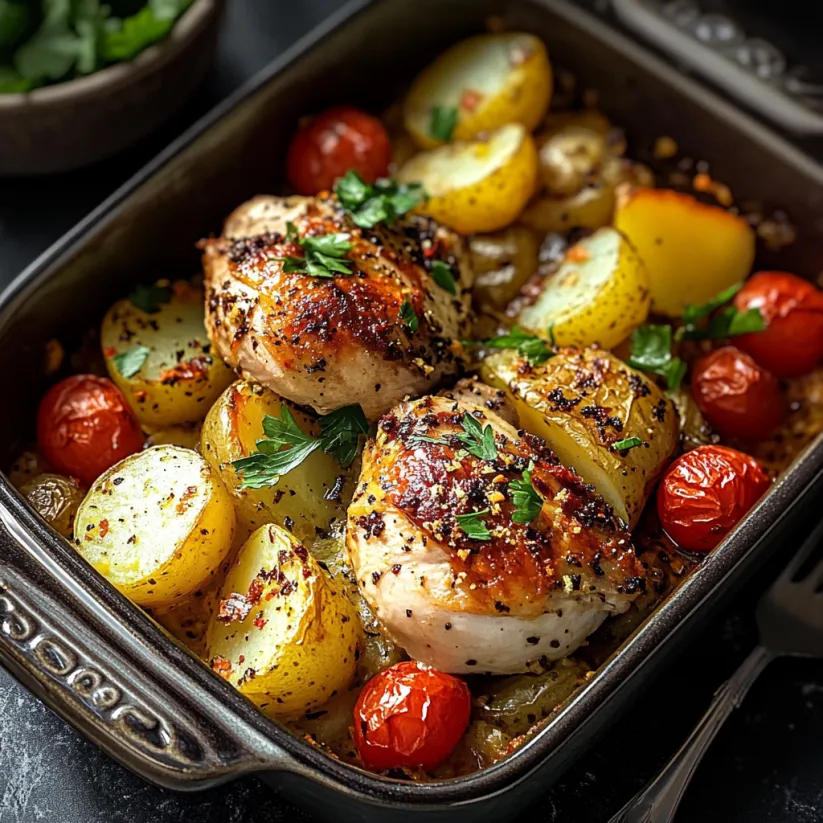 A dish of chicken and potatoes.