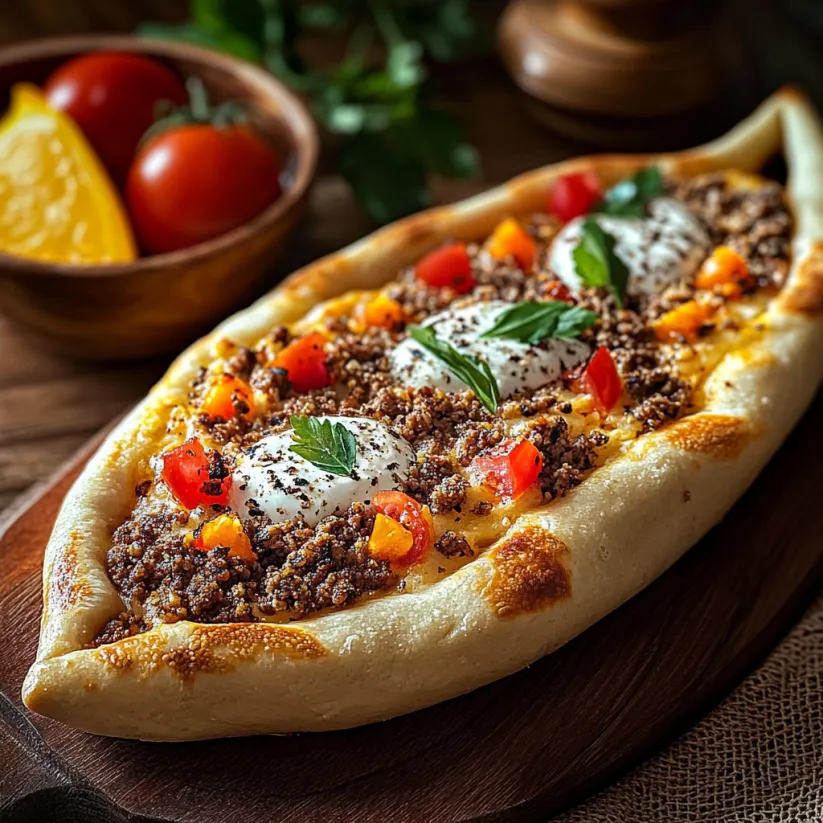 A delicious looking pide with meat and vegetables.