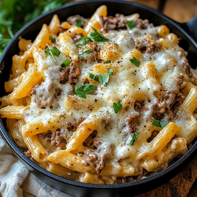 A bowl of pasta with cheese and meat.