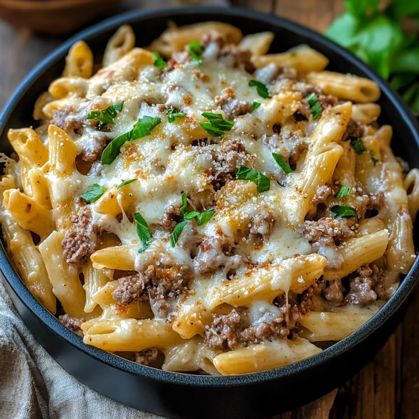 A bowl of pasta with meat and cheese.