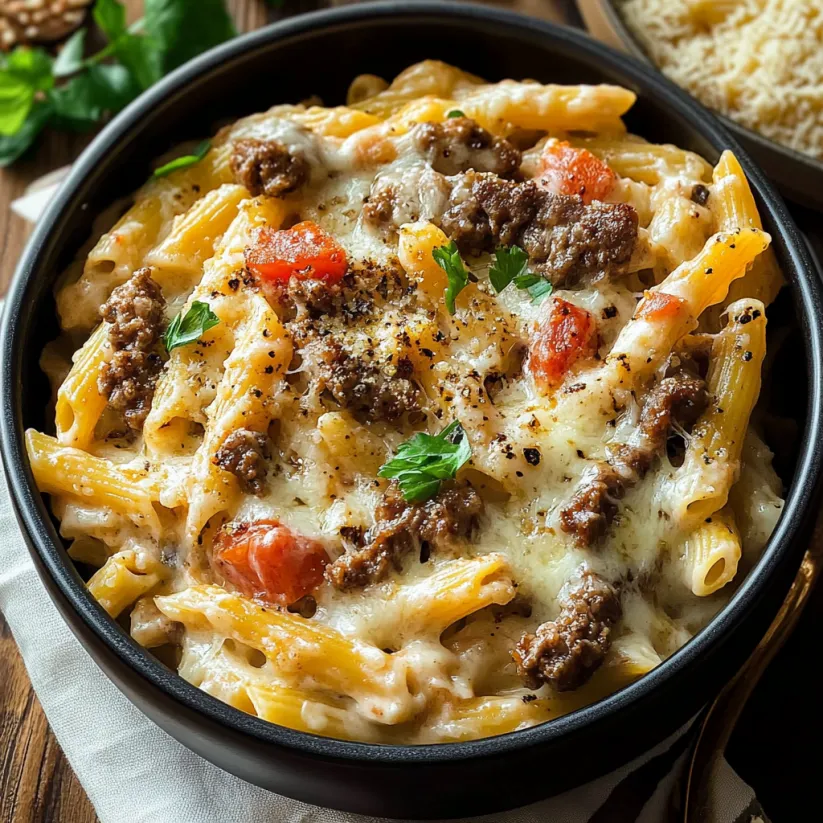A bowl of pasta with meat and cheese.