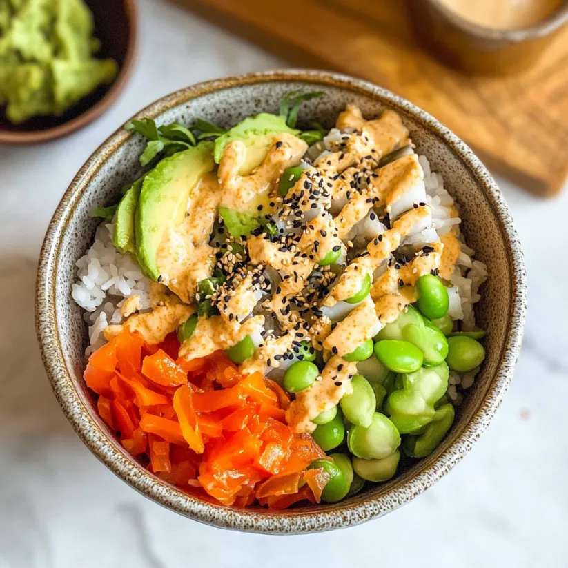 A bowl of sushi with rice, vegetables, and tofu.