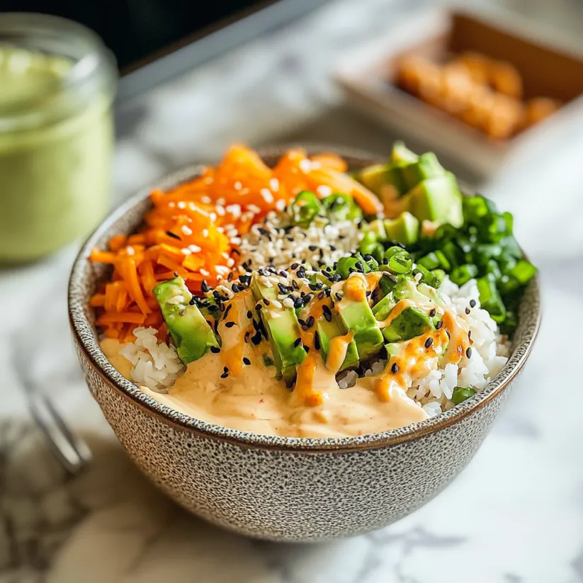 A bowl of vegan sushi with rice, carrots, and avocado.