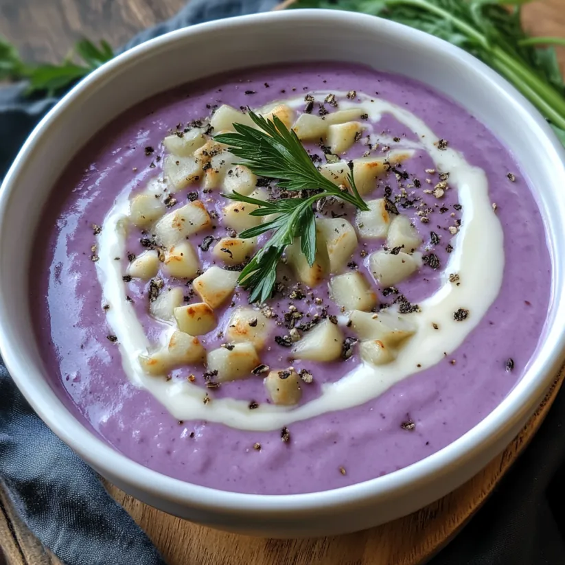 A bowl of purple cauliflower soup with a sprig of parsley on top.