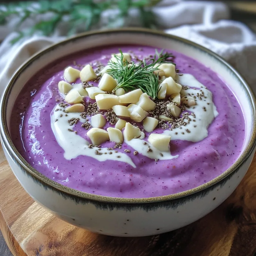 A bowl of purple cauliflower soup with a sprig of parsley on top.