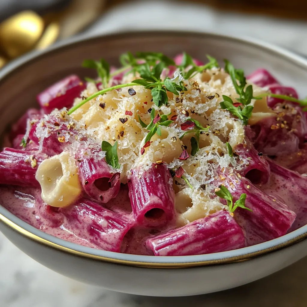 A bowl of creamy beet pasta.
