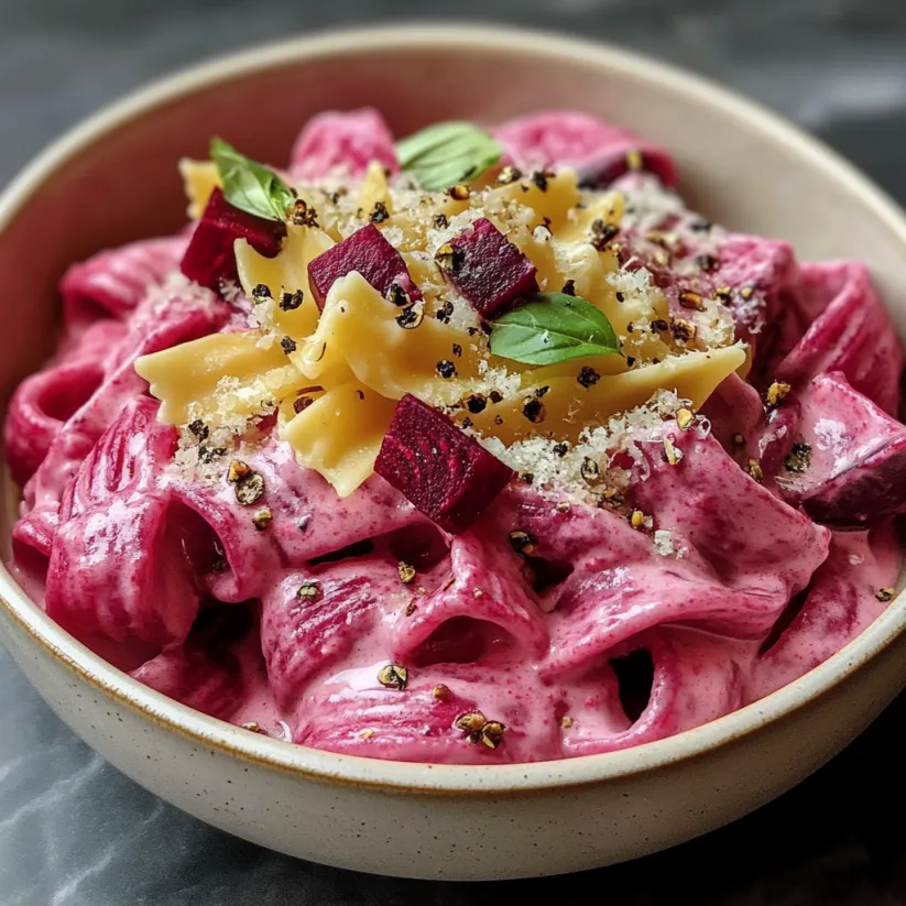 A bowl of creamy beet pasta.